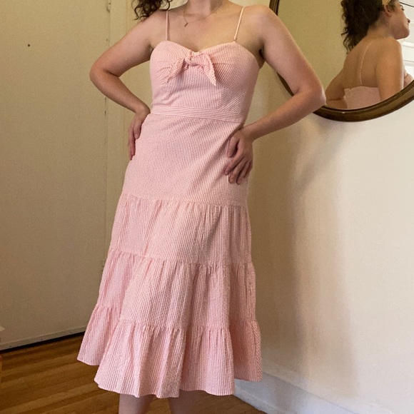 pink and white seersucker dress